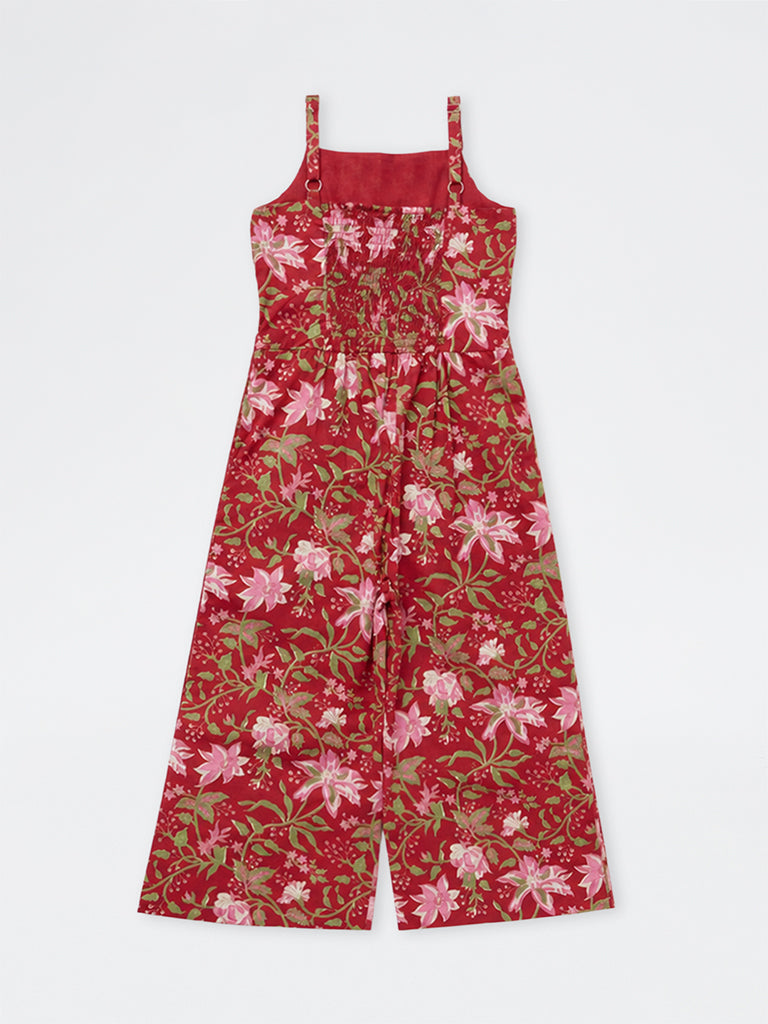 Utsa Kids Girls Red Floral Printed Cotton Jumpsuit - (8-14 yrs)