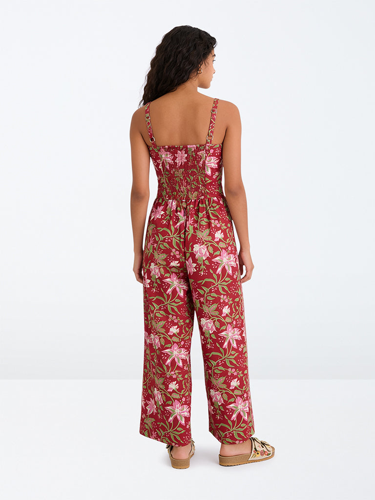 Utsa Kids Girls Red Floral Printed Cotton Jumpsuit - (8-14 yrs)