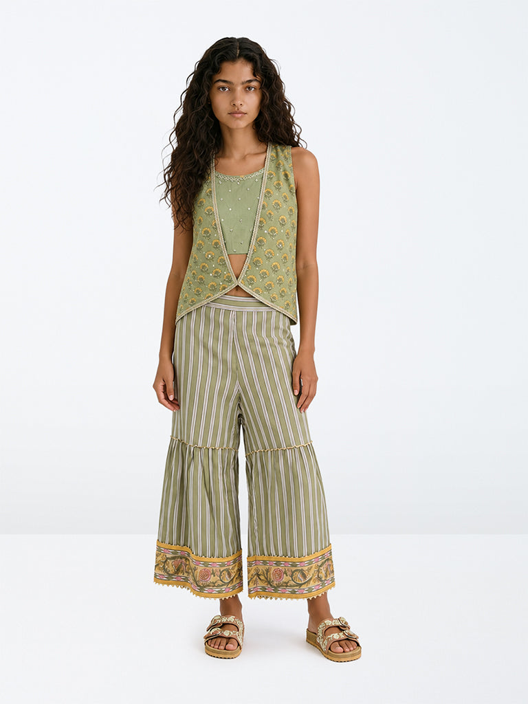 Utsa Kids Girls Sage Green Floral Printed Cotton Top, Sharara and Shrug Set - (8-14 yrs)