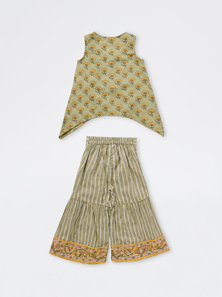 Utsa Kids Girls Sage Green Floral Printed Cotton Top, Sharara and Shrug Set - (8-14 yrs)
