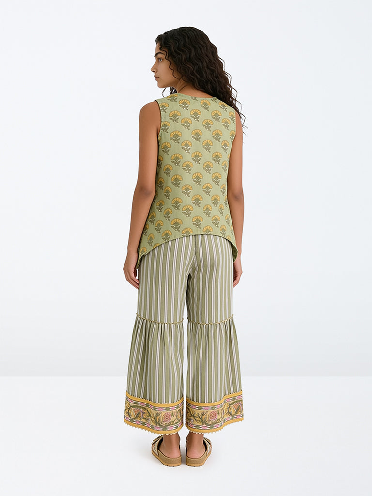 Utsa Kids Girls Sage Green Floral Printed Cotton Top, Sharara and Shrug Set - (8-14 yrs)