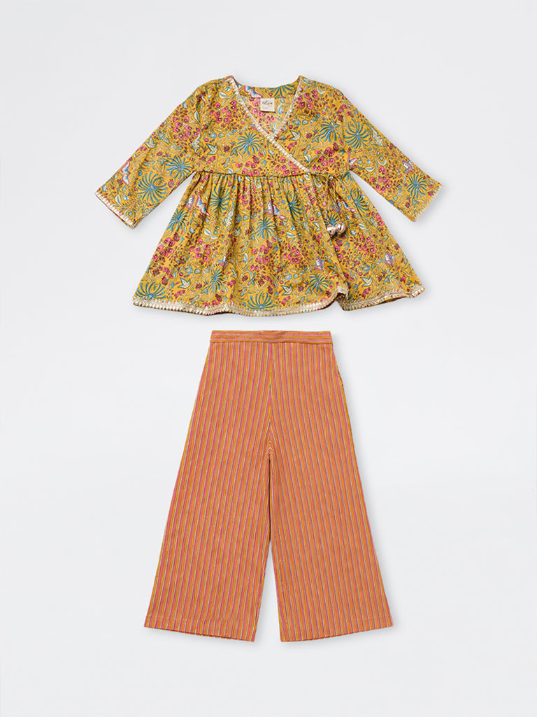 Utsa Kids Girls Yellow Printed Cotton Top and Pants Set - (8-14 yrs)
