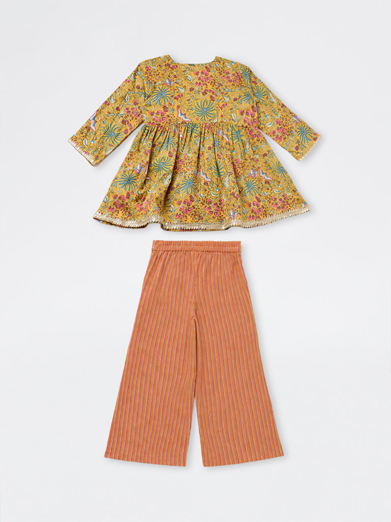 Utsa Kids Girls Yellow Printed Cotton Top and Pants Set - (8-14 yrs)