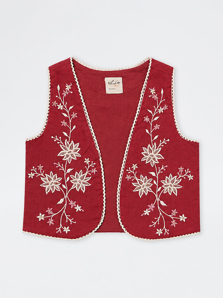 Utsa Kids Girls Red Floral Embroidered Cotton Jacket - (8-14 yrs)