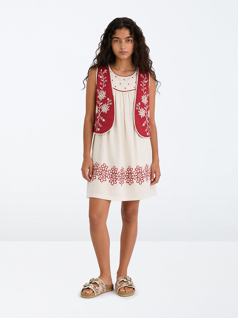 Utsa Kids Girls Red Floral Embroidered Cotton Jacket - (8-14 yrs)
