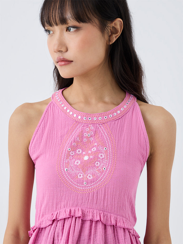 Bombay Paisley Pink Embroidered Halter-Neck Cotton Top