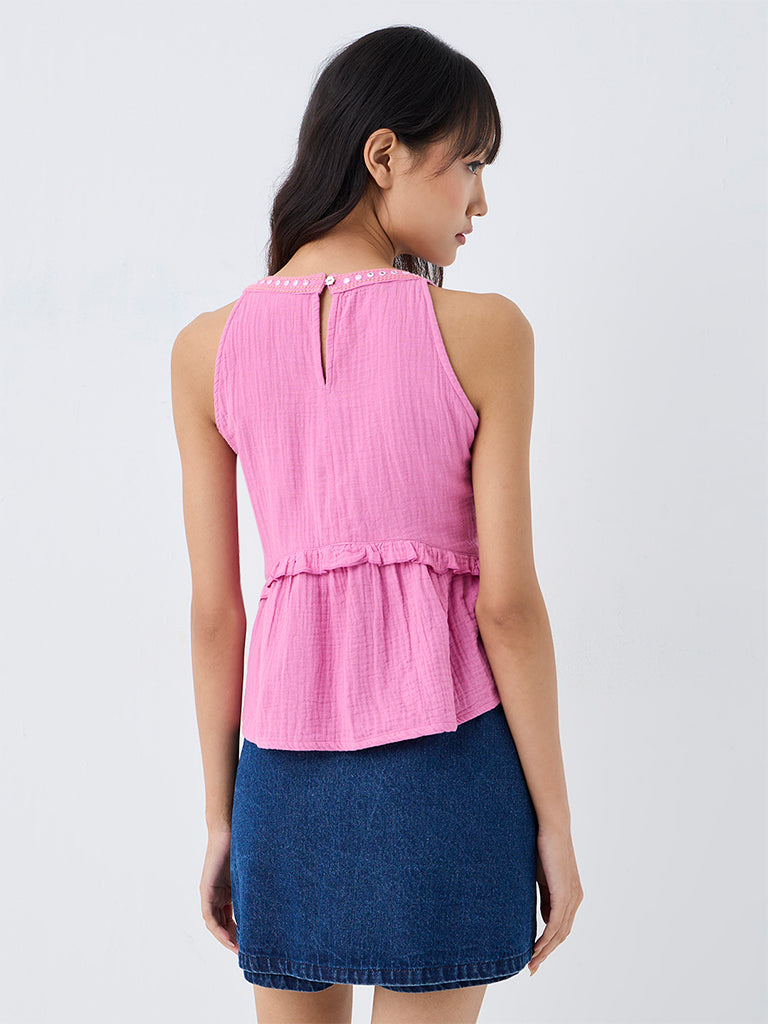 Bombay Paisley Pink Embroidered Halter-Neck Cotton Top