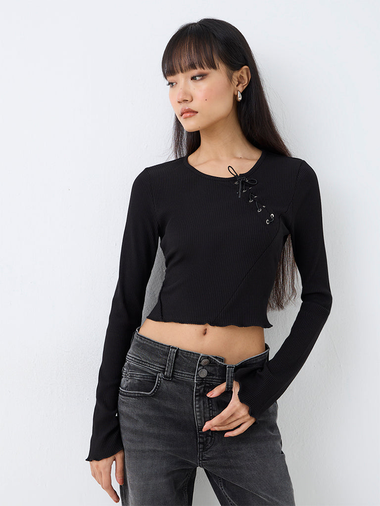 Nuon Black Tie-Up Detail Ribbed Top