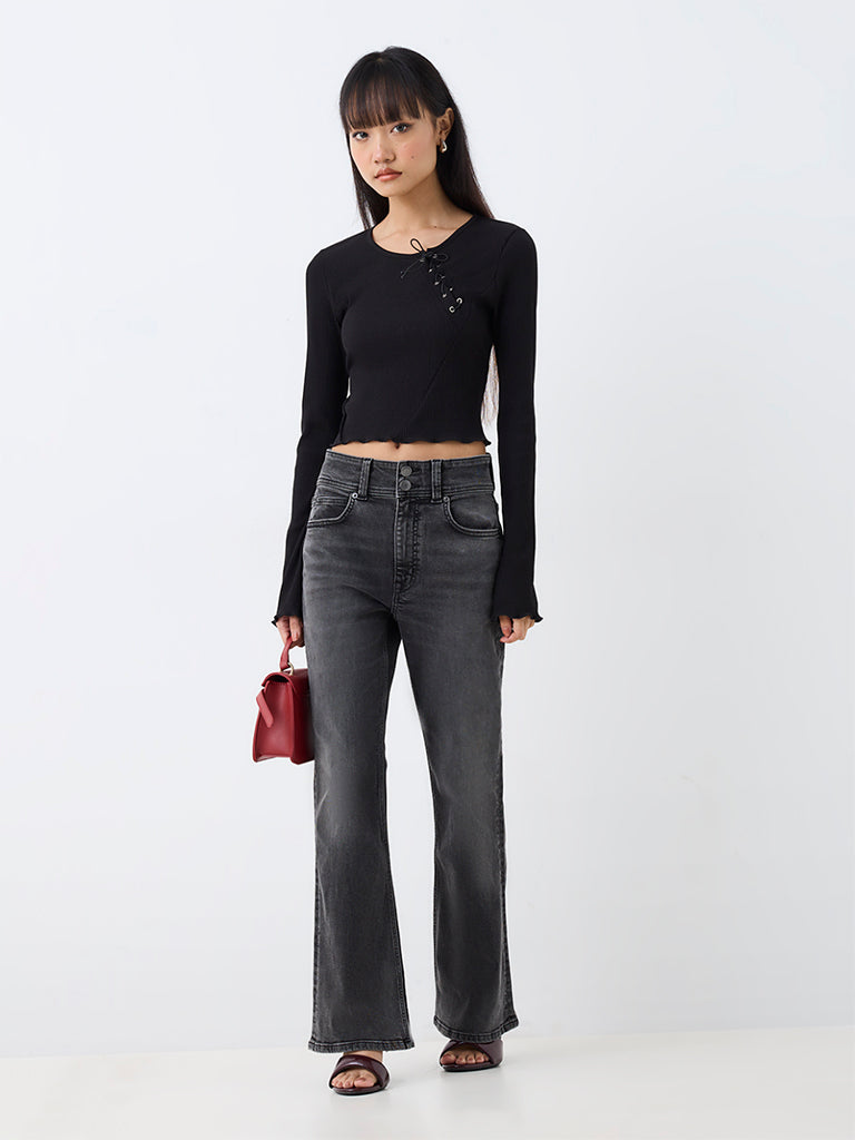 Nuon Black Tie-Up Detail Ribbed Top