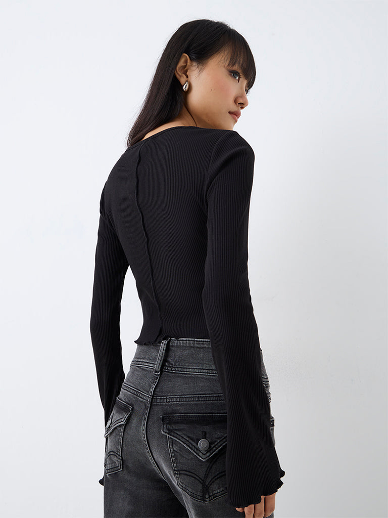 Nuon Black Tie-Up Detail Ribbed Top