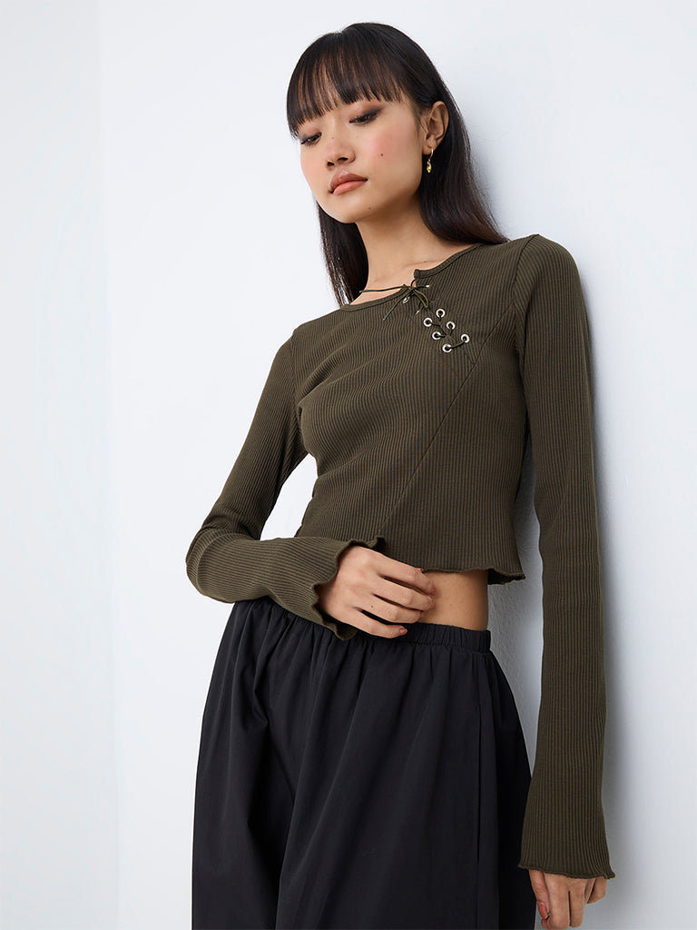 Nuon Dark Olive Tie-Up Detail Ribbed Top