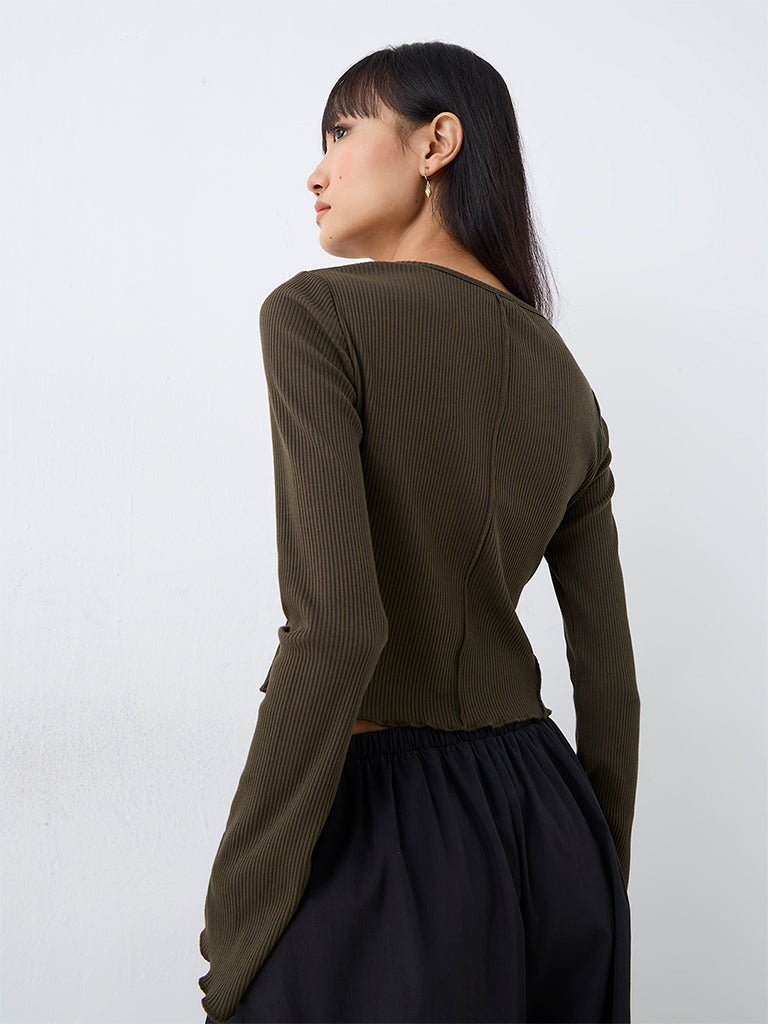 Nuon Dark Olive Tie-Up Detail Ribbed Top