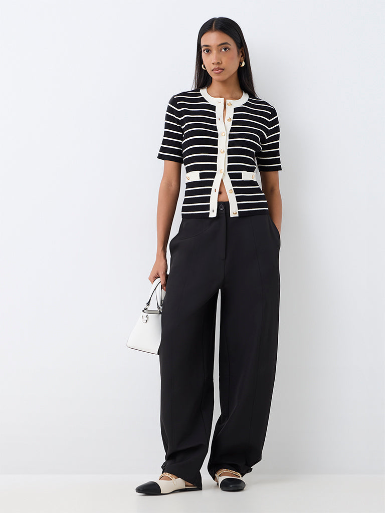 Wardrobe Black Striped Ribbed-Knit Cardigan