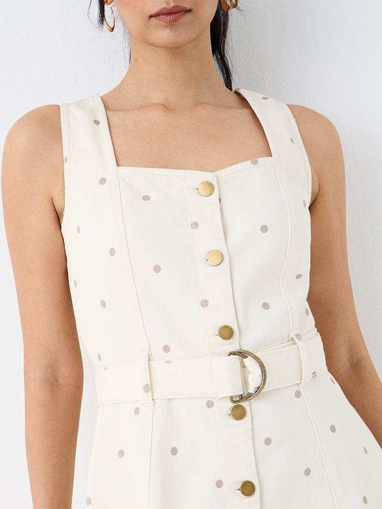 LOV Off-White Polka Dot A-Line Denim Dress with Belt