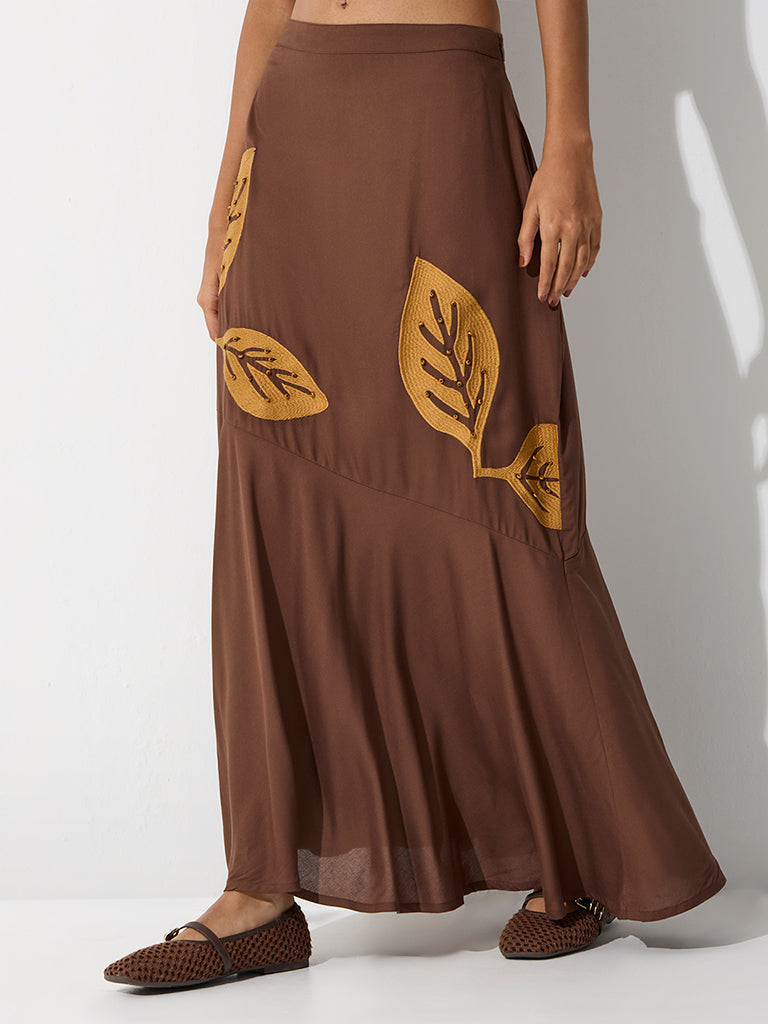 Bombay Paisley Dark Brown Leaf Design High-Rise Skirt