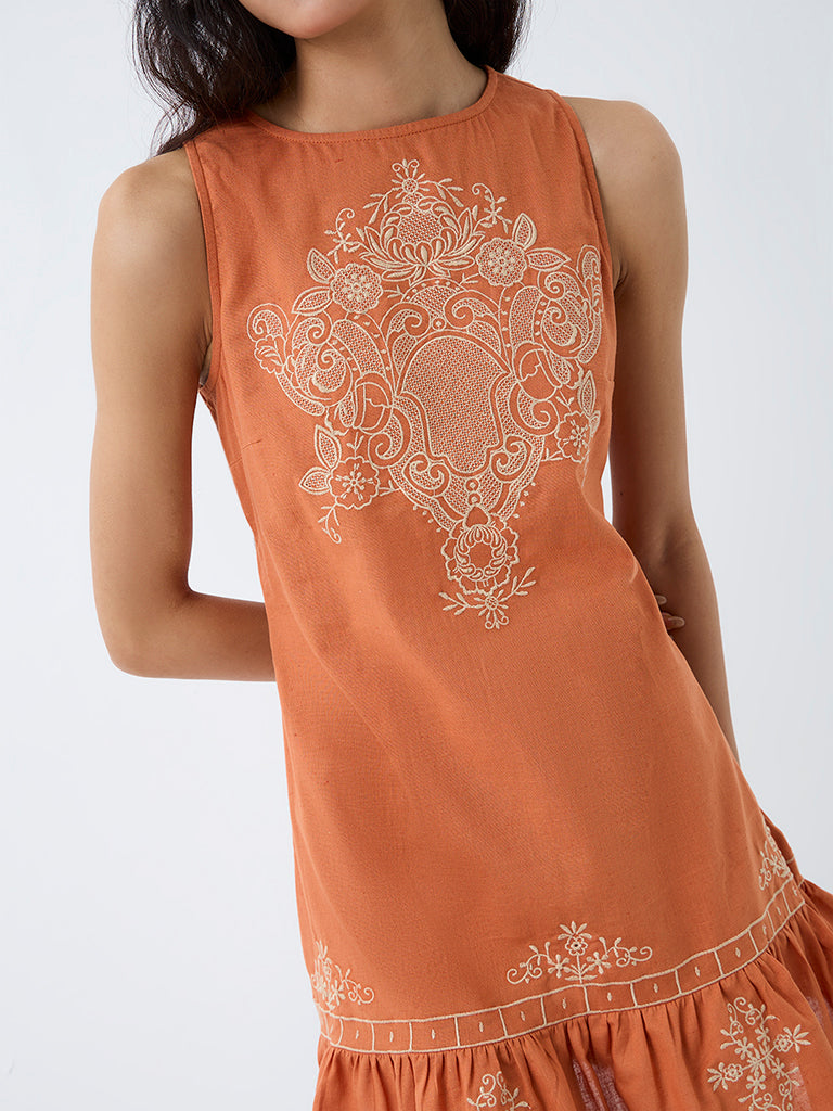 Bombay Paisley Orange Embroidered Cotton-Blend Shift Dress
