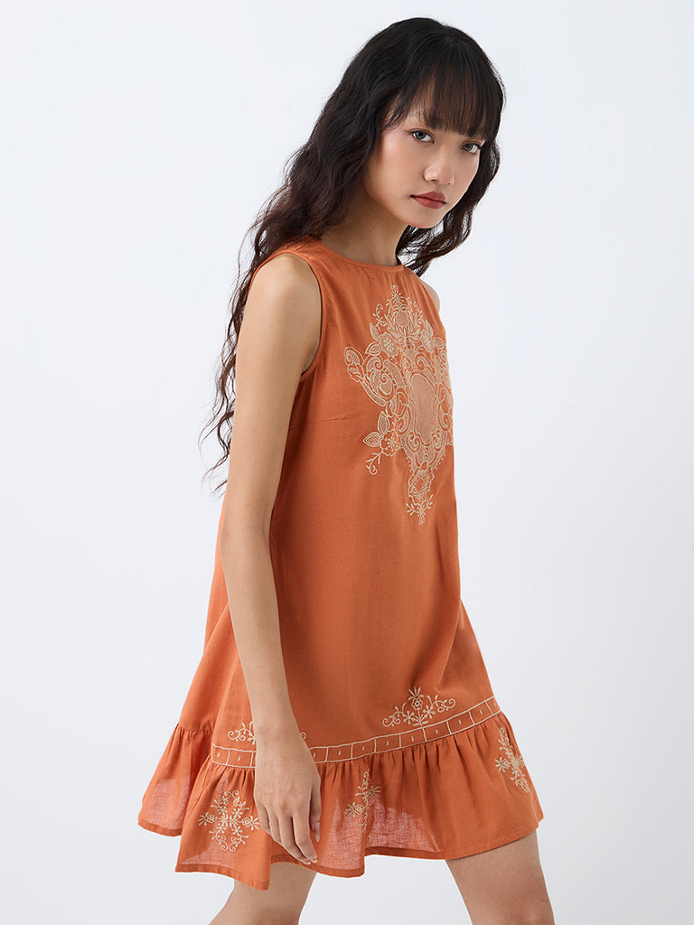 Bombay Paisley Orange Embroidered Cotton-Blend Shift Dress