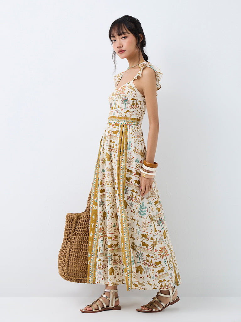 Bombay Paisley Off-White Printed Fit-and-Flare Dress
