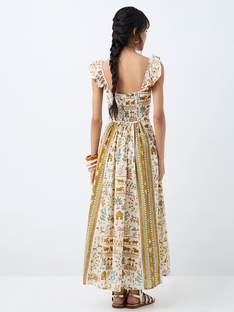 Bombay Paisley Off-White Printed Fit-and-Flare Dress
