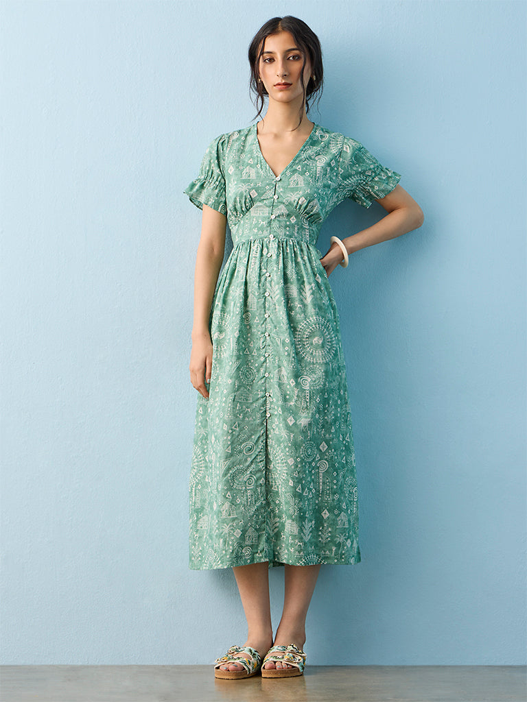 Bombay Paisley Green Printed Cotton A-Line Dress
