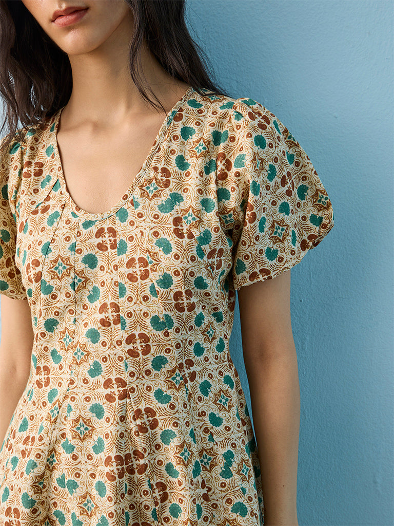 Bombay Paisley Off-White Printed Cotton A-Line Dress