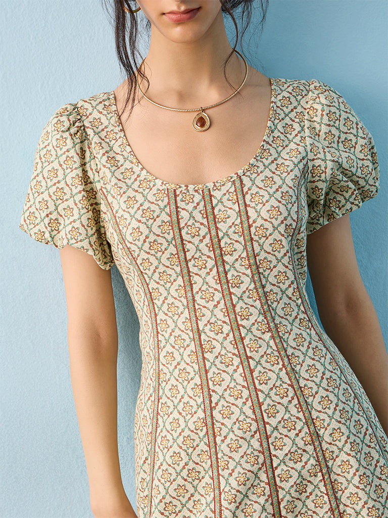 Bombay Paisley Off-White Floral Printed Cotton-Blend A-Line Dress