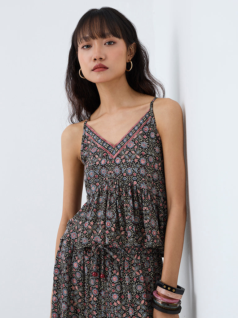 Bombay Paisley Black Floral Printed Peplum Cotton Top