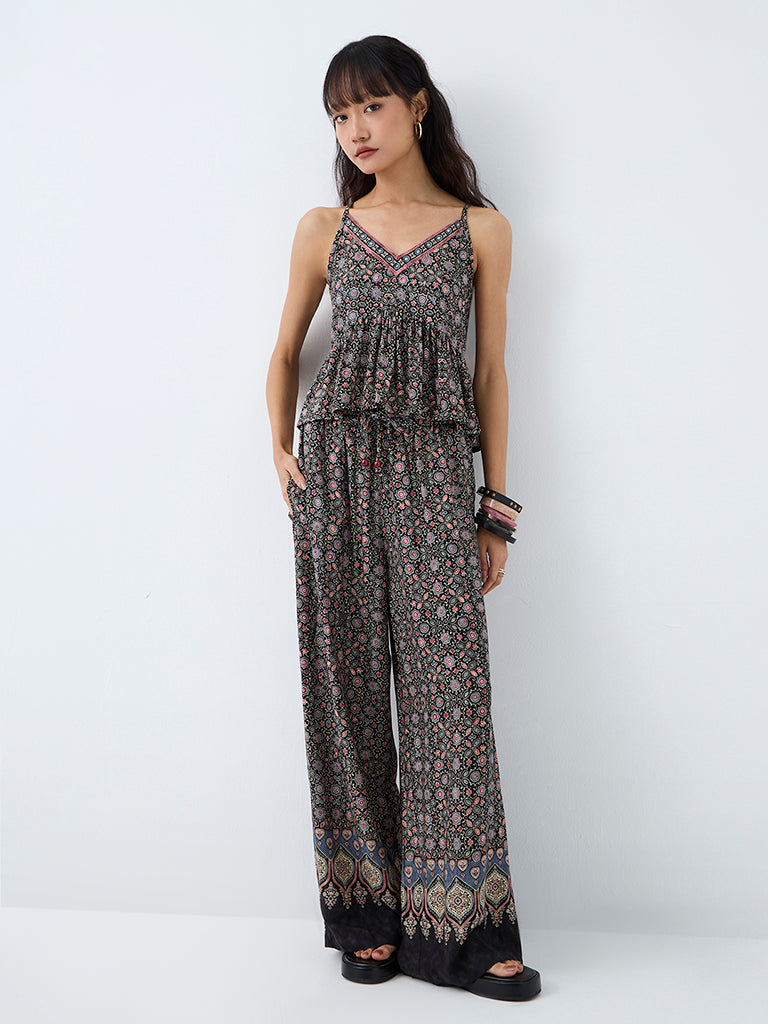 Bombay Paisley Black Floral Printed Peplum Cotton Top