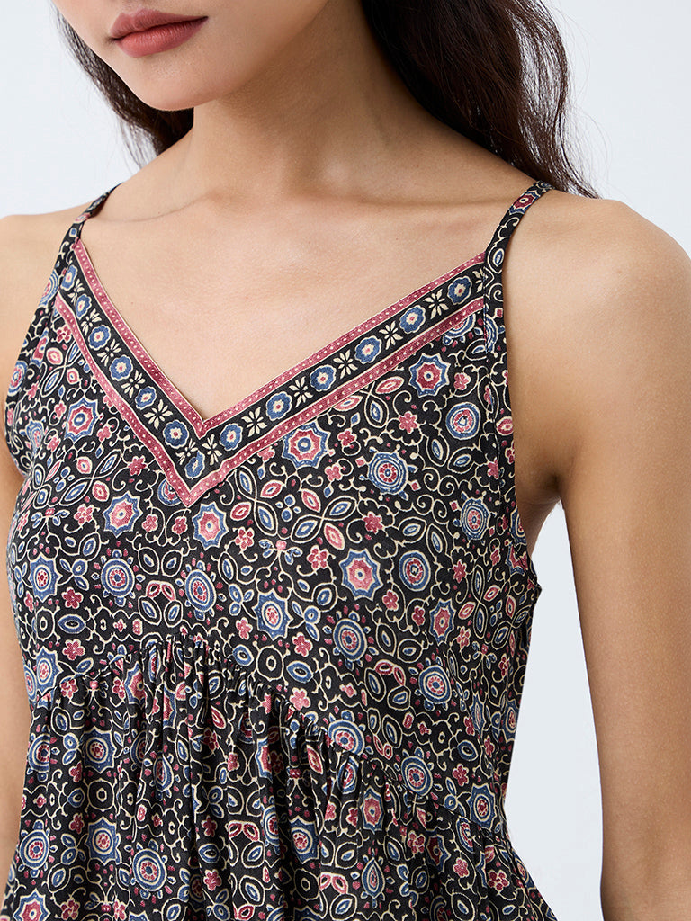 Bombay Paisley Black Floral Printed Peplum Cotton Top