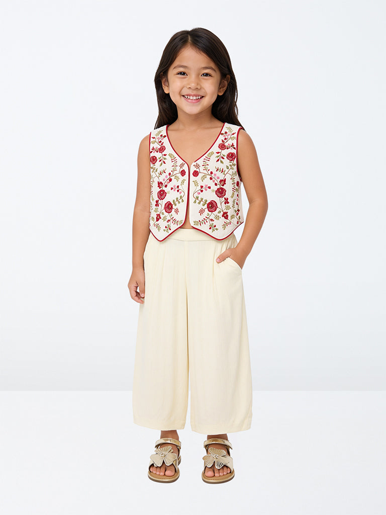 Utsa Kids Girls Off-White Crinkle-Textured Palazzos - (2-8 yrs)