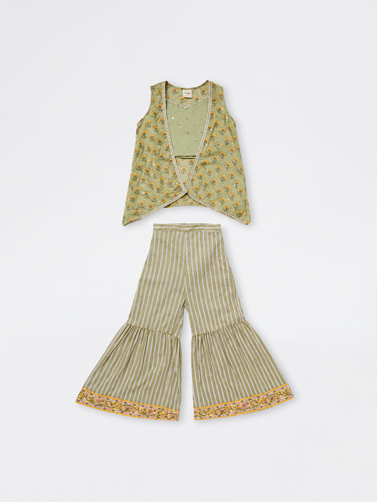 Utsa Kids Girls Sage Green Floral Printed Cotton Top, Sharara and Shrug Set - (2-8 yrs)