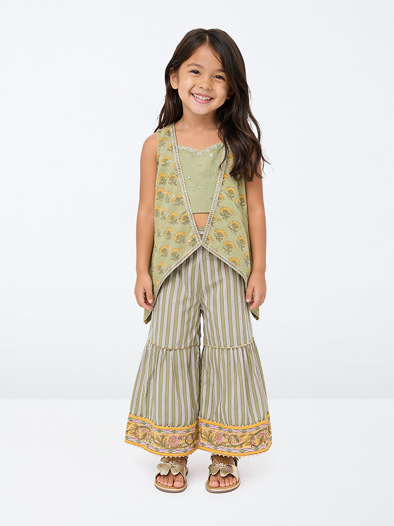 Utsa Kids Girls Sage Green Floral Printed Cotton Top, Sharara and Shrug Set - (2-8 yrs)