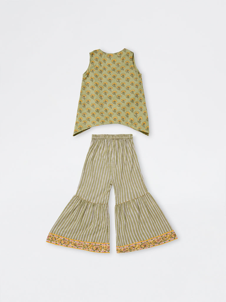 Utsa Kids Girls Sage Green Floral Printed Cotton Top, Sharara and Shrug Set - (2-8 yrs)