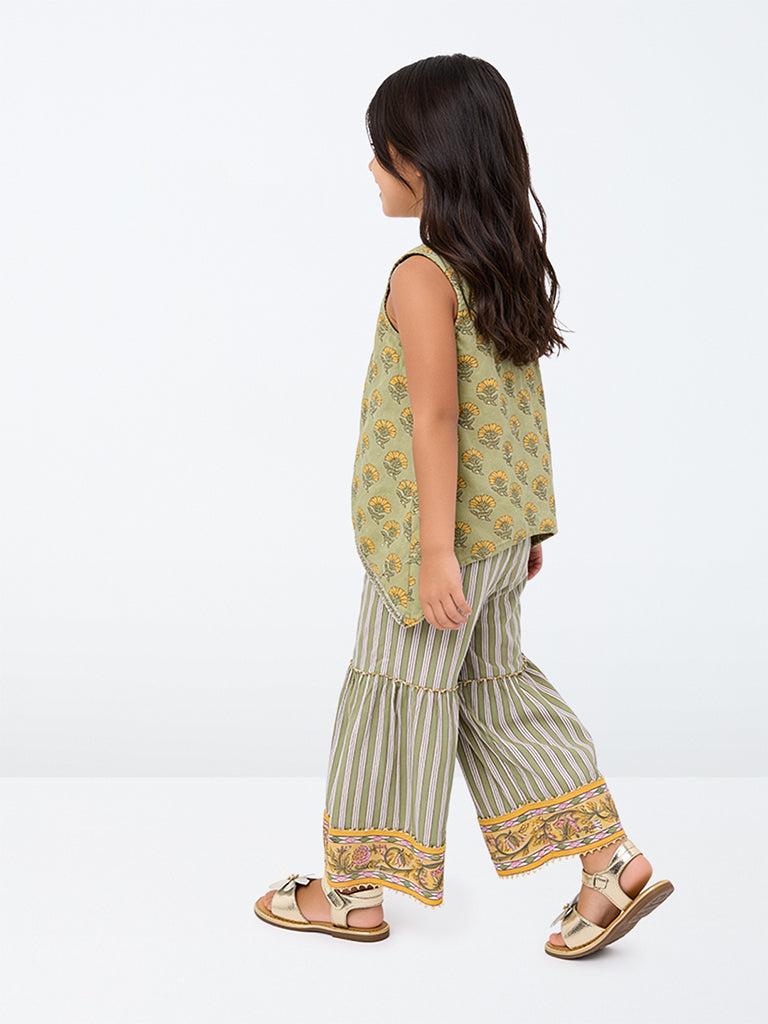 Utsa Kids Girls Sage Green Floral Printed Cotton Top, Sharara and Shrug Set - (2-8 yrs)