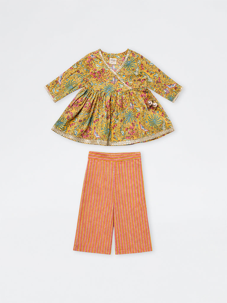 Utsa Kids Girls Yellow Printed Cotton Top and Pants Set - (2-8 yrs)