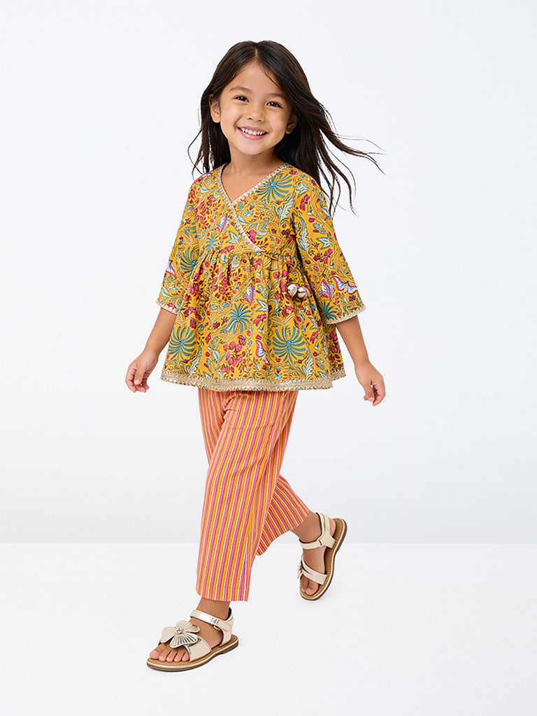 Utsa Kids Girls Yellow Printed Cotton Top and Pants Set - (2-8 yrs)