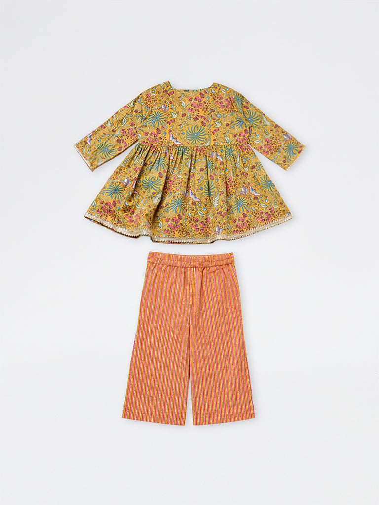 Utsa Kids Girls Yellow Printed Cotton Top and Pants Set - (2-8 yrs)