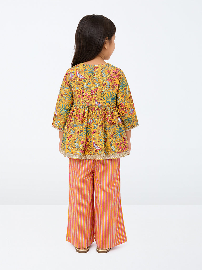 Utsa Kids Girls Yellow Printed Cotton Top and Pants Set - (2-8 yrs)
