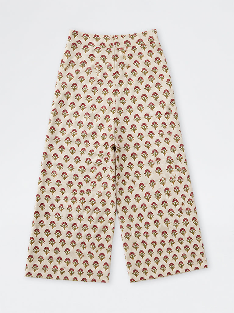 Utsa Kids Girls Ivory Floral Printed Cotton Ethnic Pants - (8-12 yrs)