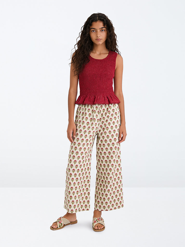 Utsa Kids Girls Ivory Floral Printed Cotton Ethnic Pants - (8-12 yrs)