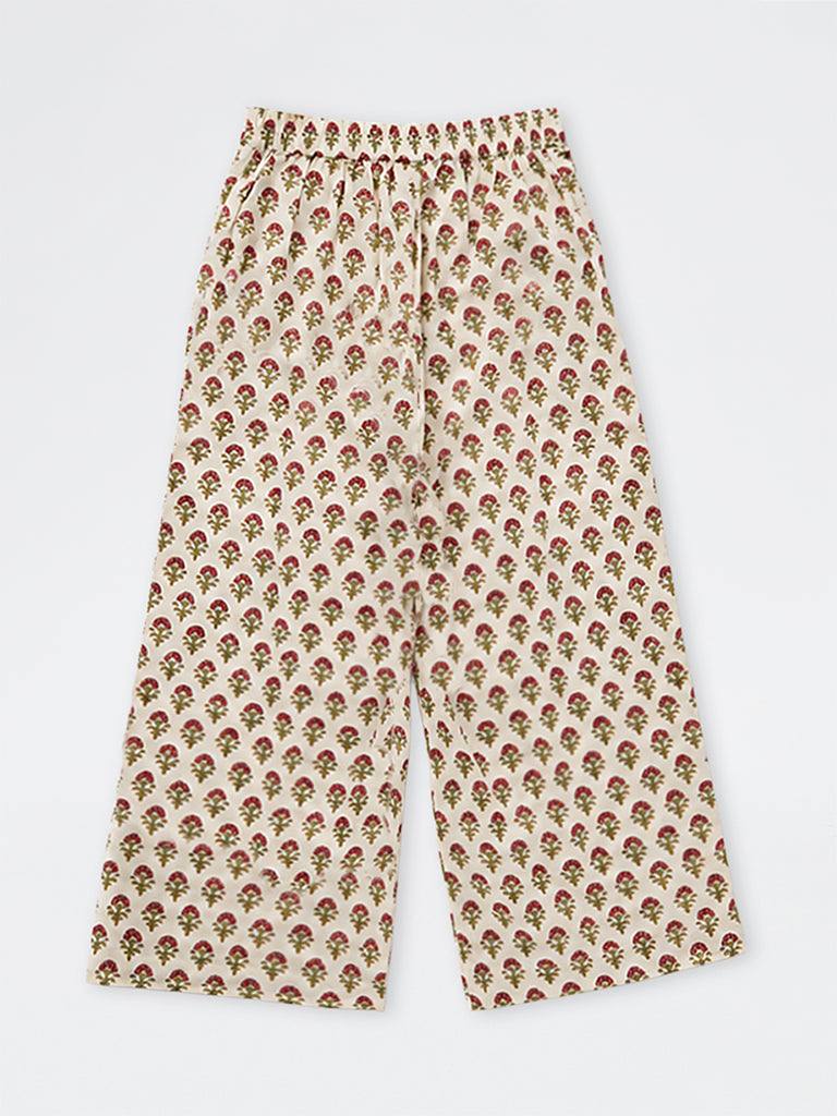 Utsa Kids Girls Ivory Floral Printed Cotton Ethnic Pants - (8-12 yrs)