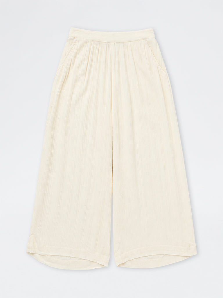 Utsa Kids Girls Off-White Crinkle-Textured Palazzos - (8-14 yrs)