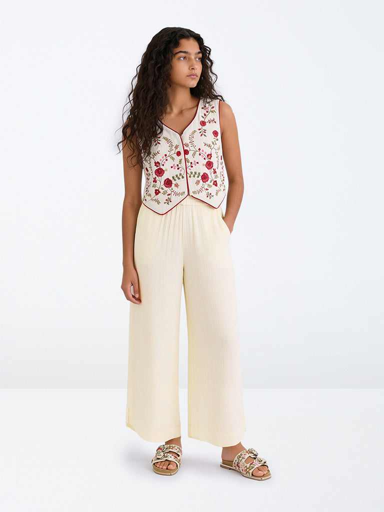 Utsa Kids Girls Off-White Crinkle-Textured Palazzos - (8-14 yrs)