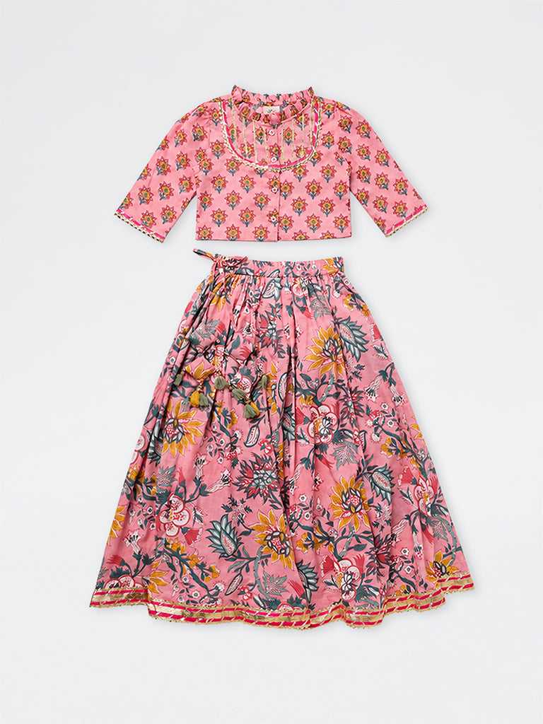 Utsa Kids Girls Pink Floral Printed Cotton Top and Skirt Set - (8-12 yrs)