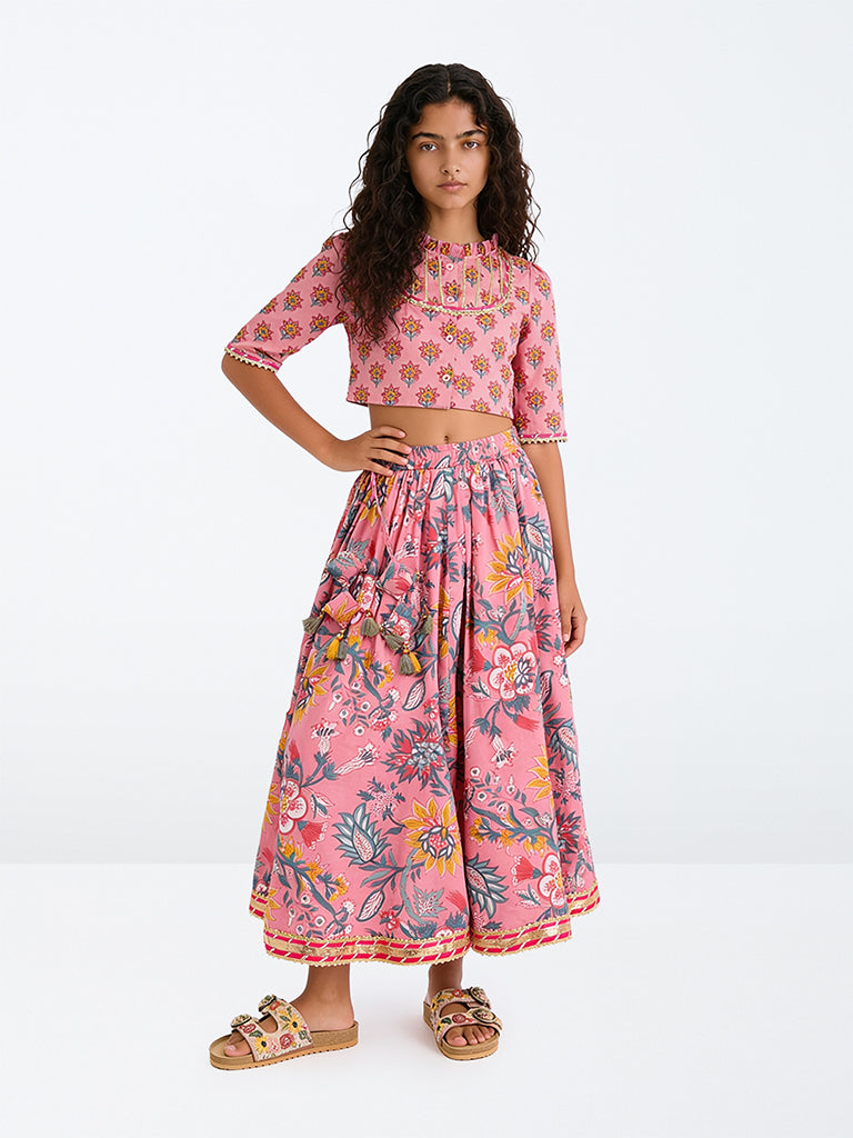 Utsa Kids Girls Pink Floral Printed Cotton Top and Skirt Set - (8-12 yrs)