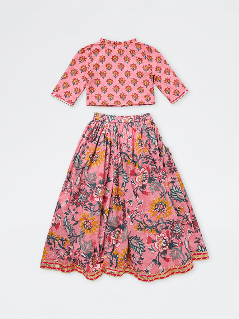 Utsa Kids Girls Pink Floral Printed Cotton Top and Skirt Set - (8-12 yrs)