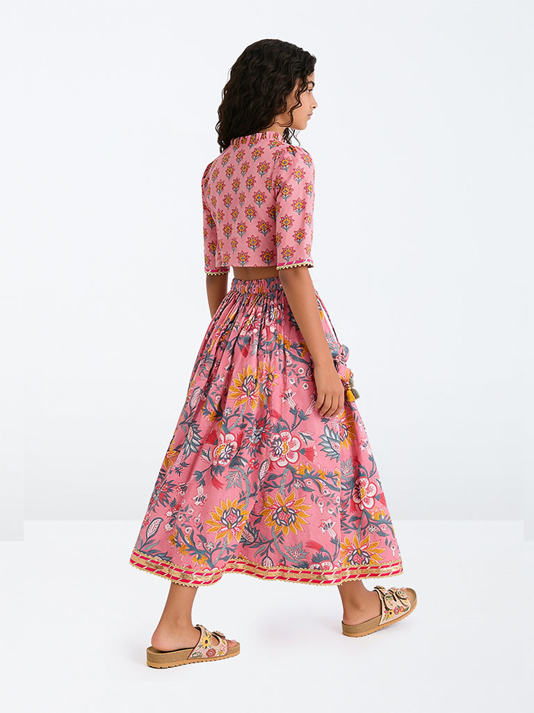 Utsa Kids Girls Pink Floral Printed Cotton Top and Skirt Set - (8-12 yrs)
