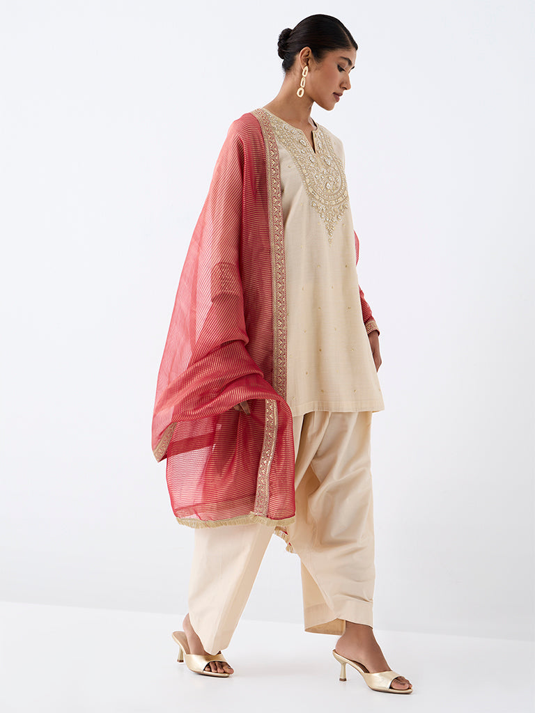 Vark Light Beige Floral Embellished A-Line Ethnic Set