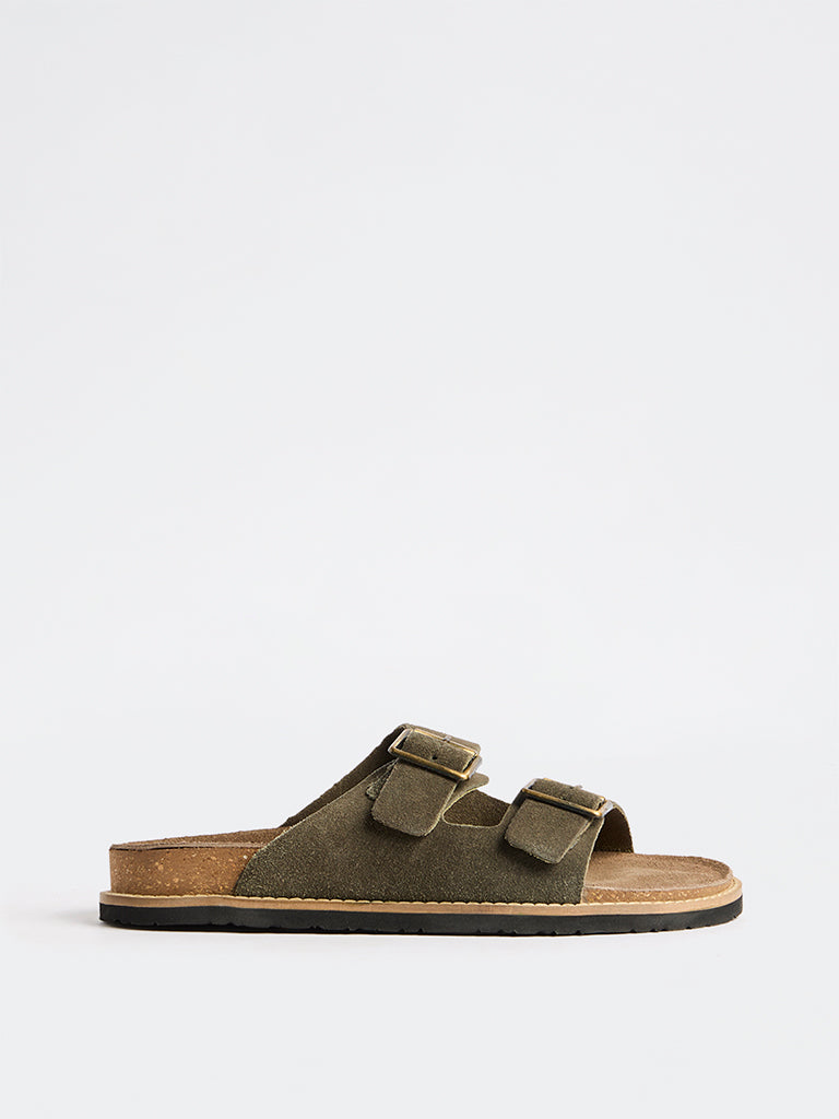SOLEPLAY Dark Olive Dual-Strap Suede Slip-On Slides