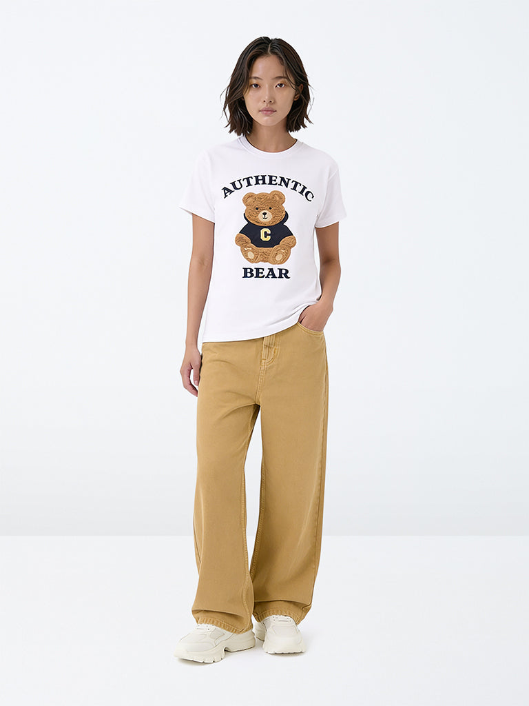 Girls Beige Cotton Relaxed Fit High-Rise Jeans